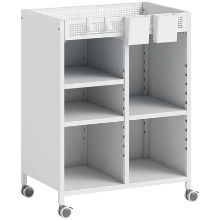 Mobile Bookshelf with Adjustable Shelves & Baskets, White