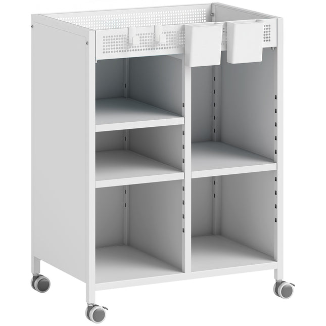 Mobile Bookshelf with Adjustable Shelves & Baskets, White