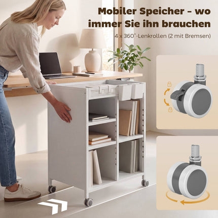 Mobile Bookshelf with Adjustable Shelves & Baskets, White