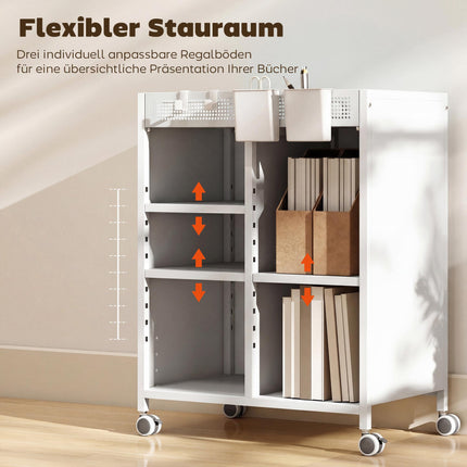 Mobile Bookshelf with Adjustable Shelves & Baskets, White