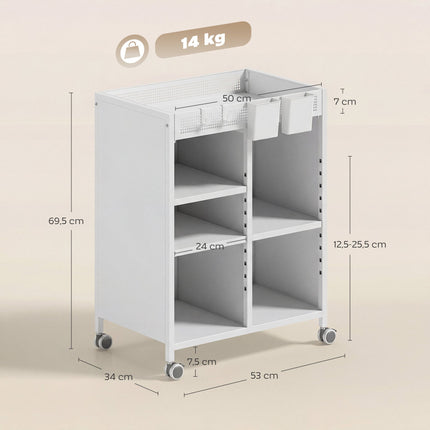 Mobile Bookshelf with Adjustable Shelves & Baskets, White