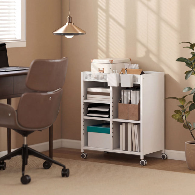 Mobile Bookshelf with Adjustable Shelves & Baskets, White