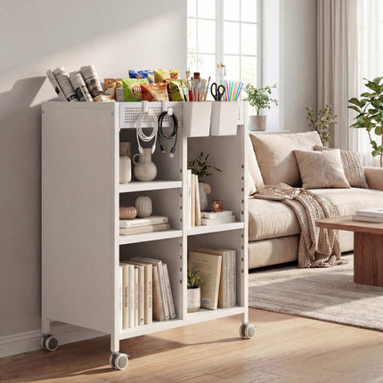 Mobile Bookshelf with Adjustable Shelves & Baskets, White