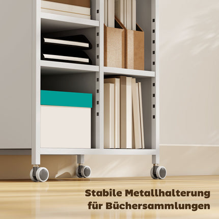 Mobile Bookshelf with Adjustable Shelves & Baskets, White