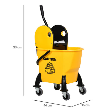 Yellow mobile bucket cleaning trolley, 26L, with turning device