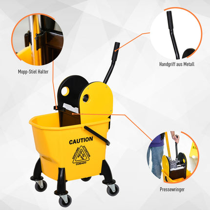 Yellow mobile bucket cleaning trolley, 26L, with turning device