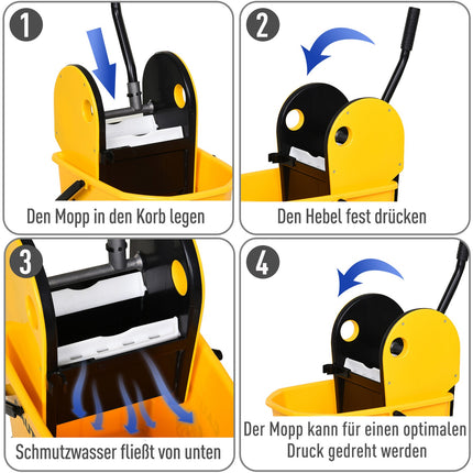 Yellow mobile bucket cleaning trolley, 26L, with turning device