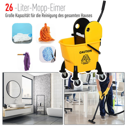 Yellow mobile bucket cleaning trolley, 26L, with turning device