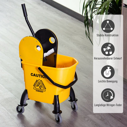 Yellow mobile bucket cleaning trolley, 26L, with turning device