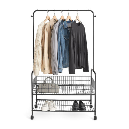 Mobile Clothes Rack with 2 Shelves and Wheels