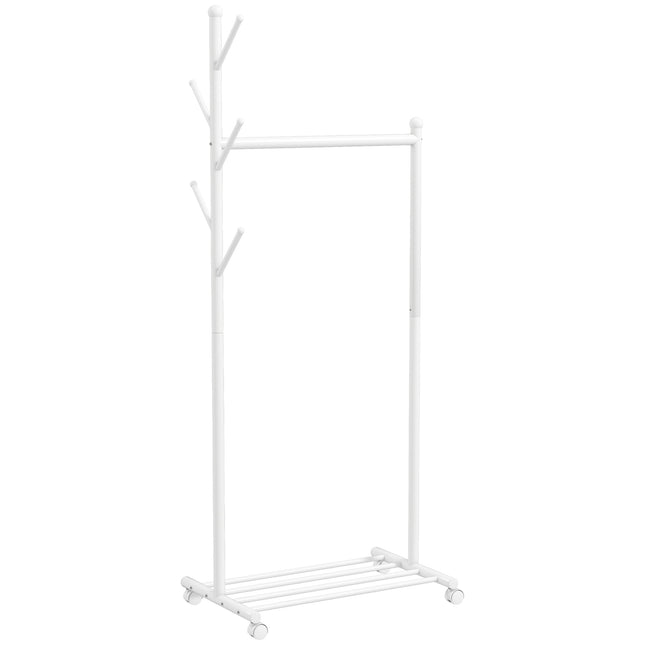 Mobile Clothes Rack with Rod, 5 Hooks, Shoe Shelf, White