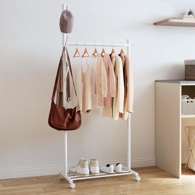 Mobile Clothes Rack with Rod, 5 Hooks, Shoe Shelf, White