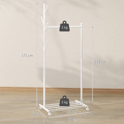 Mobile Clothes Rack with Rod, 5 Hooks, Shoe Shelf, White