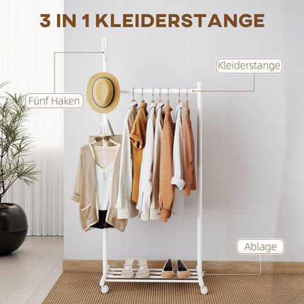 Mobile Clothes Rack with Rod, 5 Hooks, Shoe Shelf, White