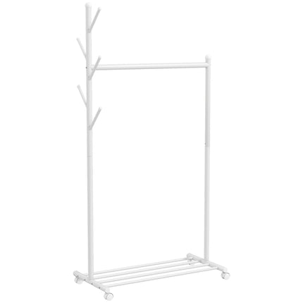 Mobile Clothes Rack with Wheels, Hooks, and Shoe Shelf, White