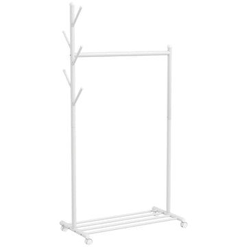 Mobile Clothes Rack with Wheels, Hooks, and Shoe Shelf, White