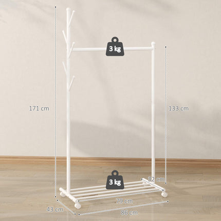 Mobile Clothes Rack with Wheels, Hooks, and Shoe Shelf, White