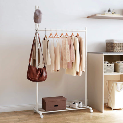Mobile Clothes Rack with Wheels, Hooks, and Shoe Shelf, White