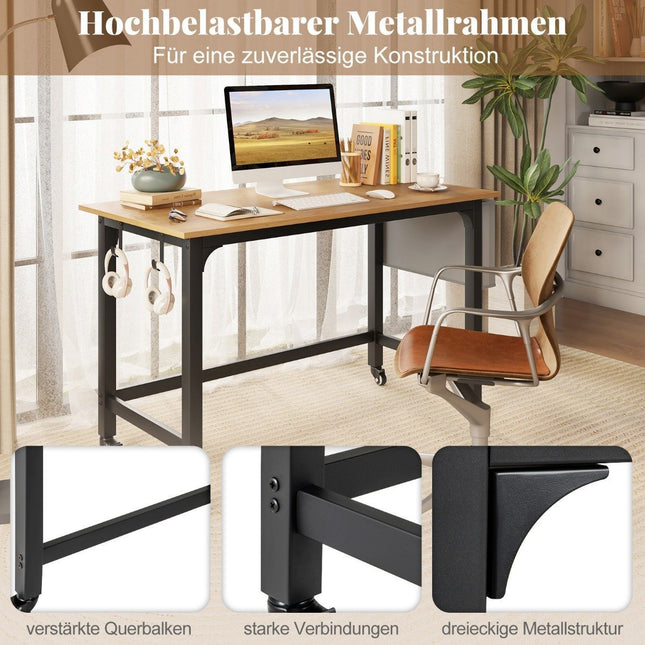 Mobile Desk with Wheels, Storage Bag, Headphone Hook, 120x60x75 cm