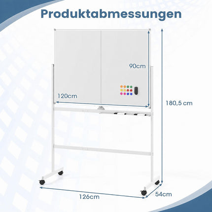 Mobile Double-Sided Magnetic Whiteboard with Wheels, 120x90 cm