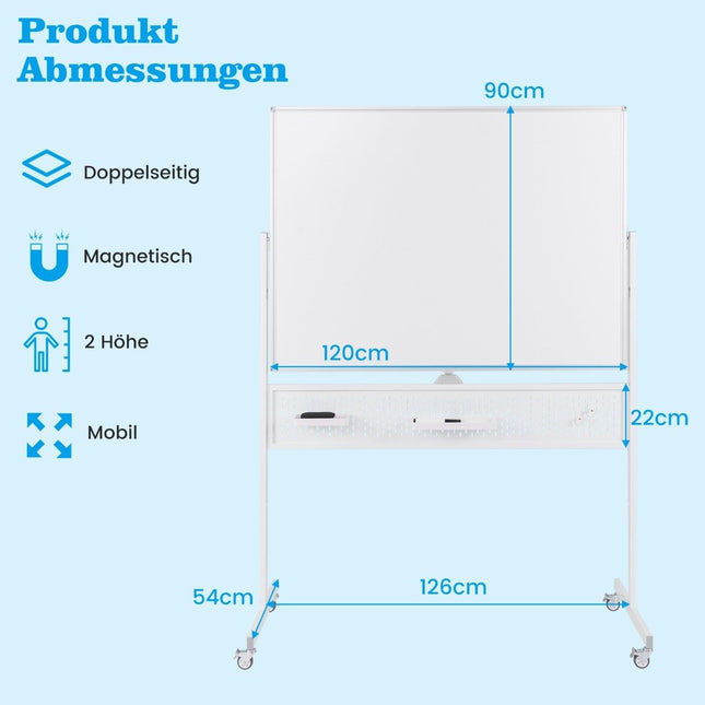 Mobile Double-Sided Whiteboard 120x90 cm with Stand & Wheels