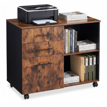 Mobile Drawer Unit with Shelves and Castors - Brown