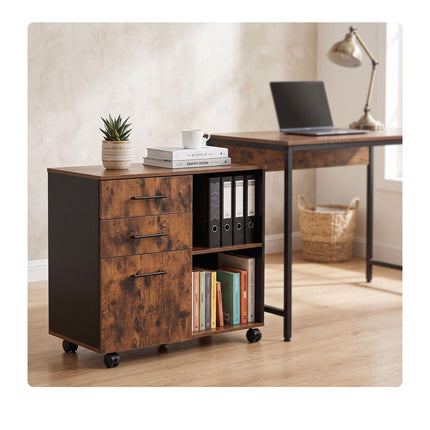 Mobile Drawer Unit with Shelves and Castors - Brown