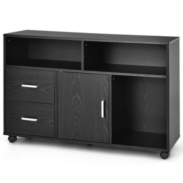 Verrijdbaar archiefkastje met 2 laden en 3 planken, zwart MDF