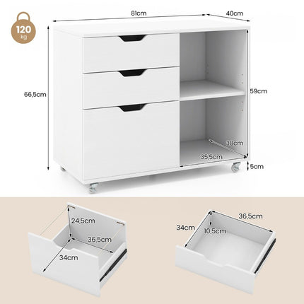 Mobile File Cabinet with 3 Drawers and Wheels, White