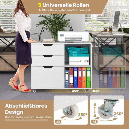 Mobile File Cabinet with 3 Drawers and Wheels, White