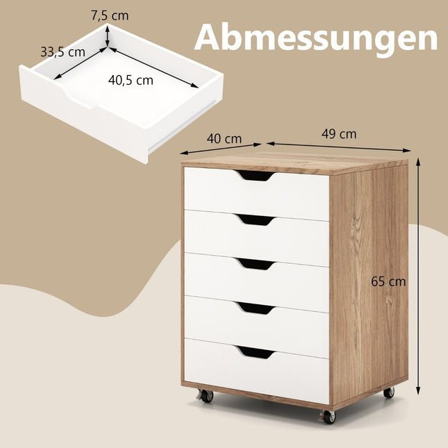 Mobile File Cabinet with 5 Drawers, 360° Wheels, 48x39.5x65.5 cm