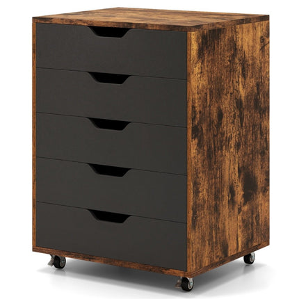 Mobile File Cabinet with 5 Drawers, Brown Wood, Rolling