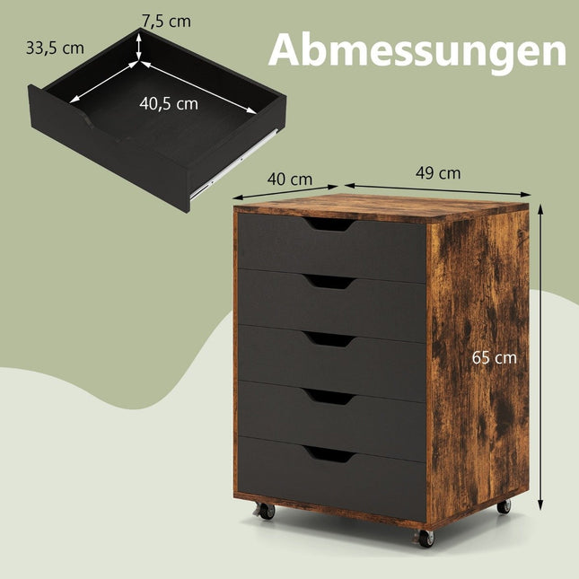 Mobile File Cabinet with 5 Drawers, Brown Wood, Rolling