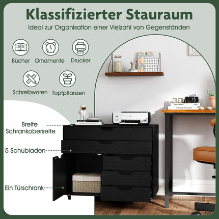 Mobile File Cabinet with 5 Drawers & Cabinet, Black