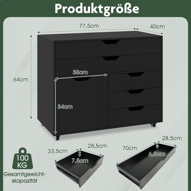 Mobile File Cabinet with 5 Drawers & Cabinet, Black