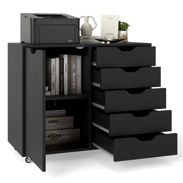 Mobile File Cabinet with 5 Drawers, Door, Wheels