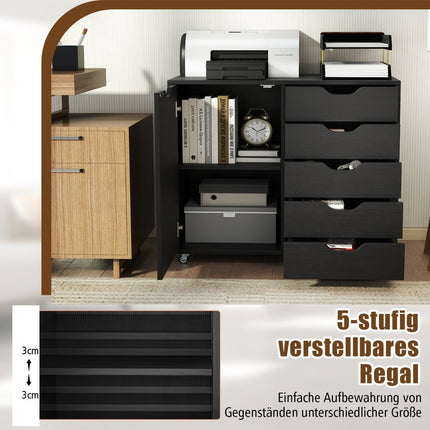 Mobile File Cabinet with 5 Drawers, Door, Wheels