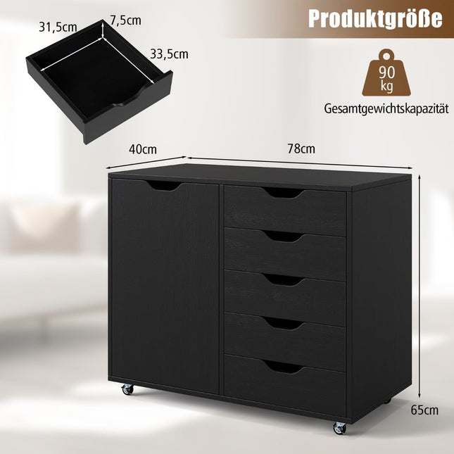 Mobile File Cabinet with 5 Drawers, Door, Wheels