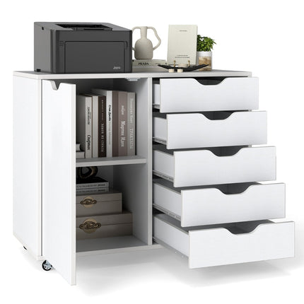 Mobile File Cabinet with 5 Drawers & Door, White
