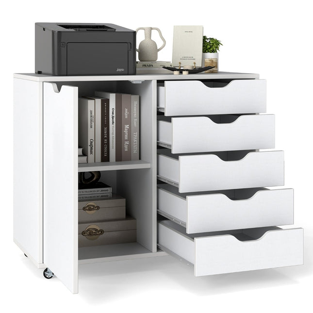 Mobile File Cabinet with 5 Drawers & Door, White