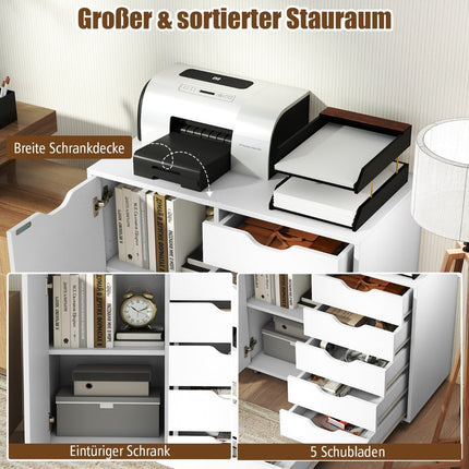 Mobile File Cabinet with 5 Drawers & Door, White