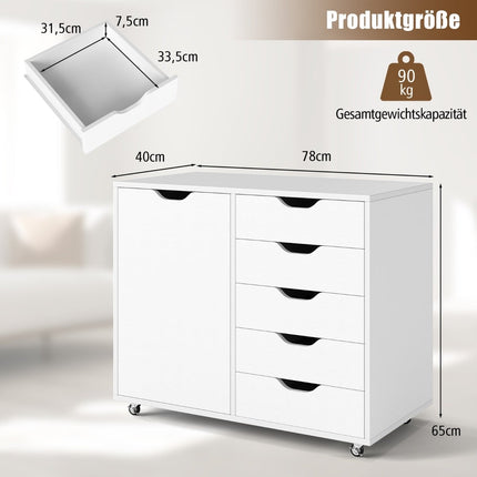 Mobile File Cabinet with 5 Drawers & Door, White