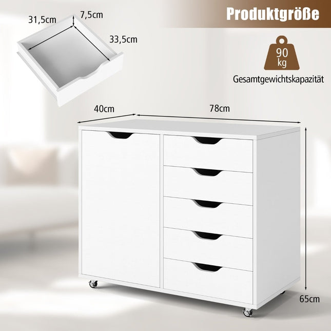 Mobile File Cabinet with 5 Drawers & Door, White