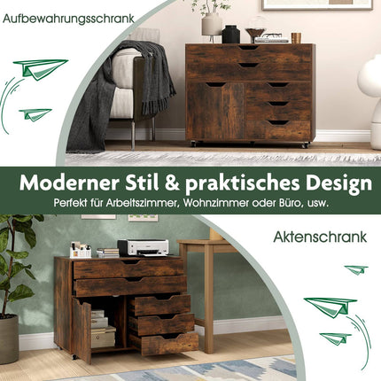 Mobile File Cabinet with 5 Drawers and Cabinet – Brown