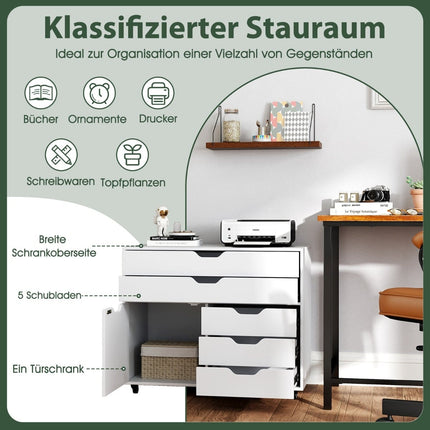 Mobile File Cabinet with 5 Drawers and Cabinet, White