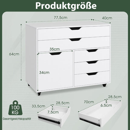 Mobile File Cabinet with 5 Drawers and Cabinet, White