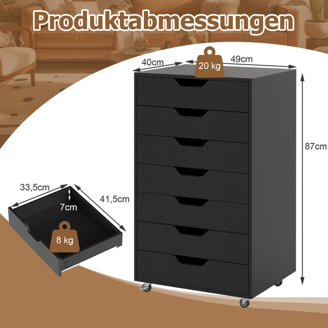 Mobile File Cabinet with 7 Drawers, Black, Locking Wheels