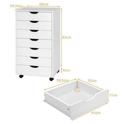 Mobile File Cabinet with 7 Drawers, Lockable Wheels, White