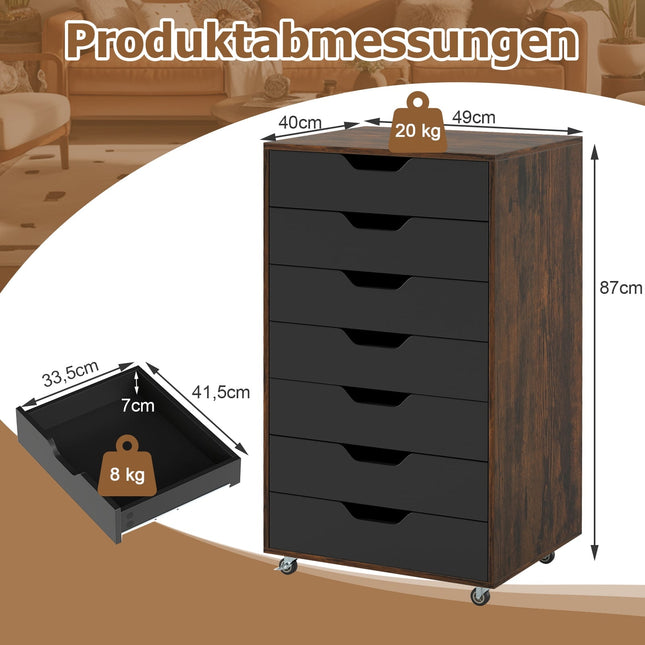 Mobile File Cabinet with 7 Drawers, Rustic Brown