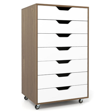 Mobile File Cabinet with 7 Drawers and Wheels, Natural Wood